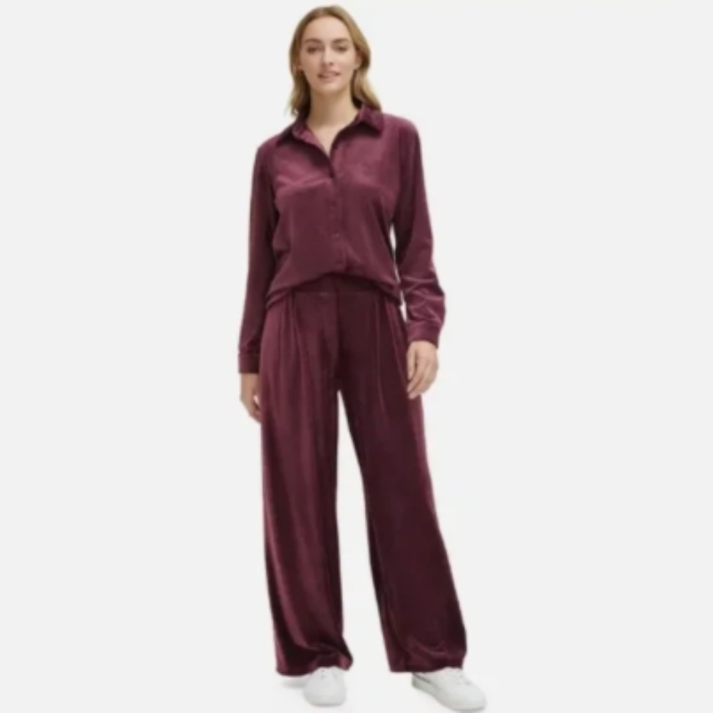 NWT Calvin Klein Womens Velour Pleated Wide Leg Lounge Pull On Pants Maroon 1X